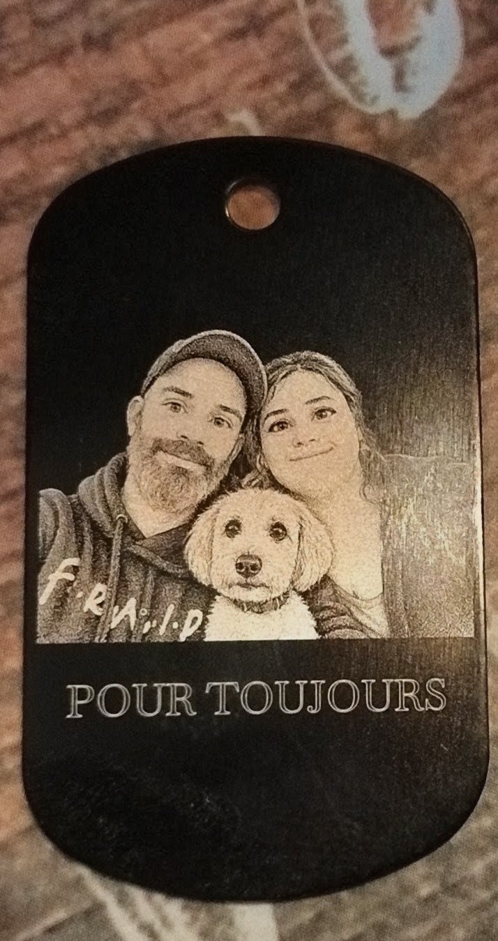 Plaque militaire noire gravée au laser avec portrait famille et texte Pour Toujours