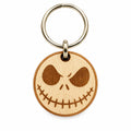 Porte-clé rond Halloween – Tête de squelette souriante en bois gravé