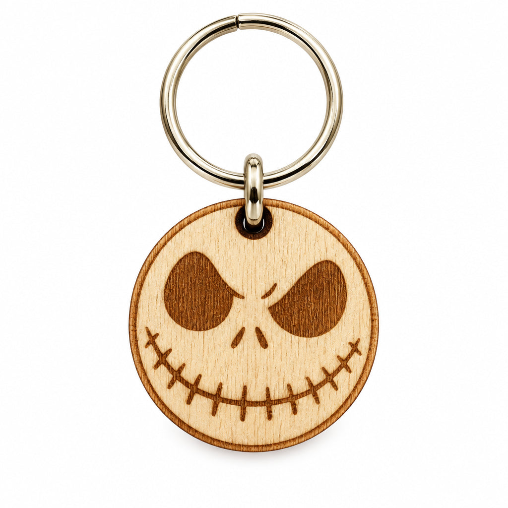 Porte-clé rond Halloween – Tête de squelette souriante en bois gravé